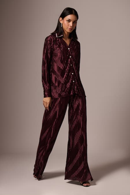 Emblaze_Wine Satin Stones Collared Pleated Shirt And Pant Set _Online_at_Aza_Fashions