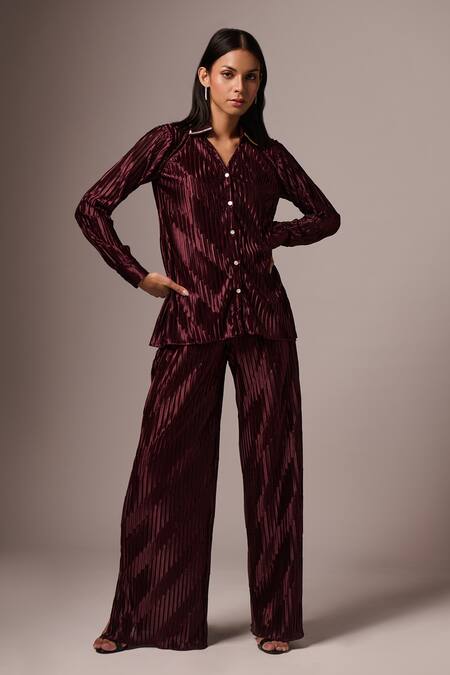 Buy_Emblaze_Wine Satin Stones Collared Pleated Shirt And Pant Set _Online_at_Aza_Fashions