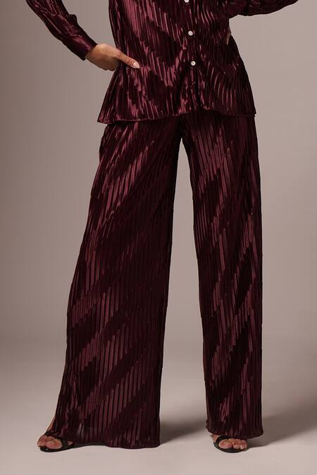 Shop_Emblaze_Wine Satin Stones Collared Pleated Shirt And Pant Set _Online_at_Aza_Fashions