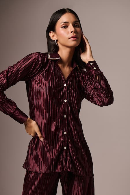 Emblaze_Wine Satin Stones Collared Pleated Shirt And Pant Set _at_Aza_Fashions