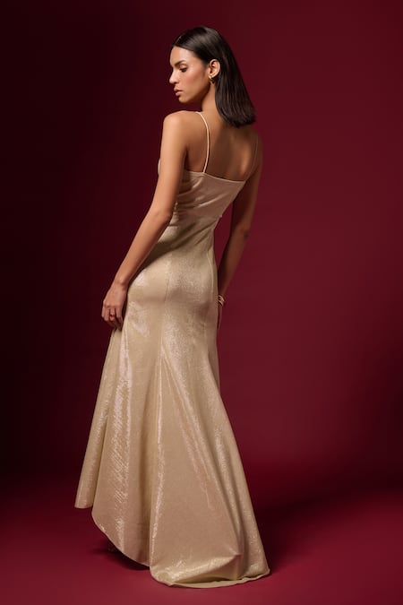 Shop Emblaze Gold Jersey Sequins Square Neck Shimmer Embroidered Dress at Aza Fashions Shop_Emblaze_Gold Jersey Sequins Square Neck Shimmer Embroidered Dress _at_Aza_Fashions