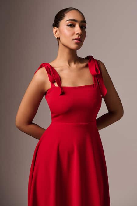 Buy_Emblaze_Red Crepe Square Neck Tie Up Dress _Online_at_Aza_Fashions