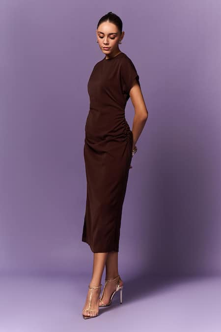 Emblaze_Brown Crepe Round Neck Straight Fit Dress_Online_at_Aza_Fashions