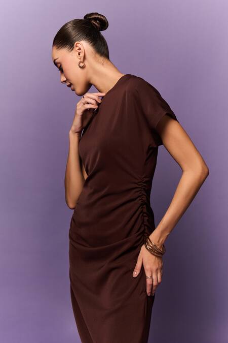 Buy_Emblaze_Brown Crepe Round Neck Straight Fit Dress_Online_at_Aza_Fashions