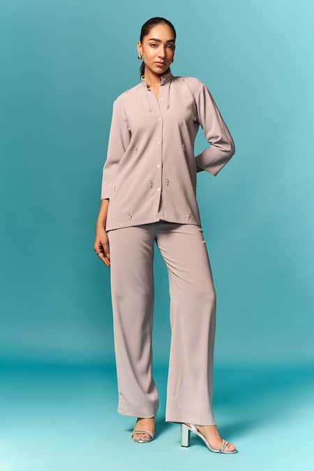 Emblaze Grey Crepe Embellished Crystal Mandarin Collar Shirt And Pant Set 