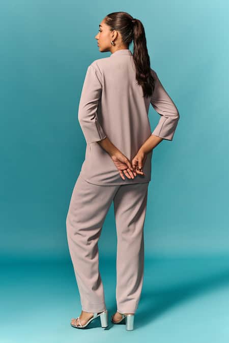 Shop Emblaze Grey Crepe Crystals Mandarin Collar Embellished Shirt And Pant Set at Aza Fashions Shop_Emblaze_Grey Crepe Crystals Mandarin Collar Embellished Shirt And Pant Set _at_Aza_Fashions