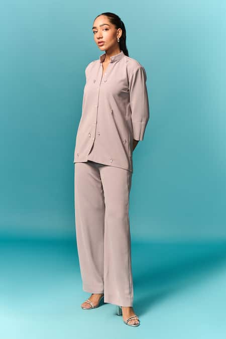 Emblaze Grey Crepe Crystals Mandarin Collar Embellished Shirt And Pant Set Online at Aza Fashions Emblaze_Grey Crepe Crystals Mandarin Collar Embellished Shirt And Pant Set _Online_at_Aza_Fashions