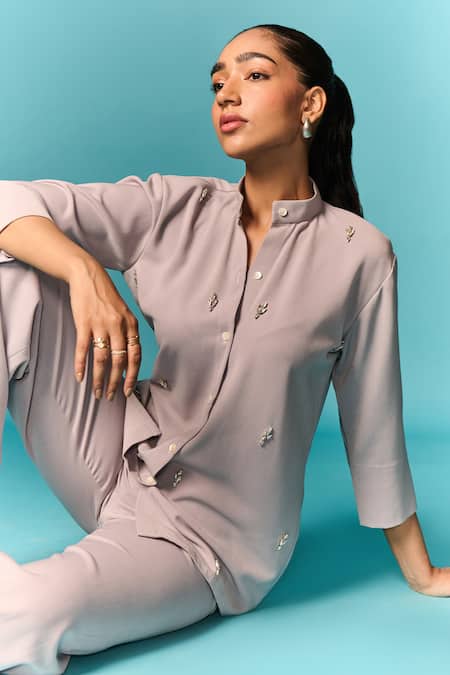 Buy Emblaze Grey Crepe Crystals Mandarin Collar Embellished Shirt And Pant Set Online at Aza Fashions Buy_Emblaze_Grey Crepe Crystals Mandarin Collar Embellished Shirt And Pant Set _Online_at_Aza_Fashions