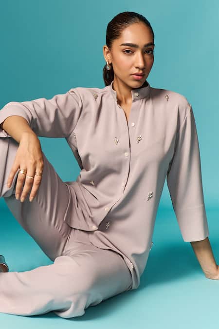 Shop Emblaze Grey Crepe Crystals Mandarin Collar Embellished Shirt And Pant Set Online at Aza Fashions Shop_Emblaze_Grey Crepe Crystals Mandarin Collar Embellished Shirt And Pant Set _Online_at_Aza_Fashions