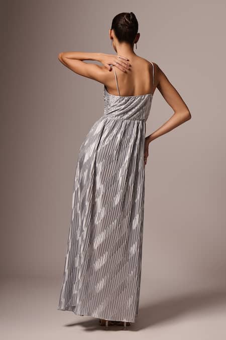 Shop_Emblaze_Silver Satin Sweetheart Neck Pleated Dress _at_Aza_Fashions