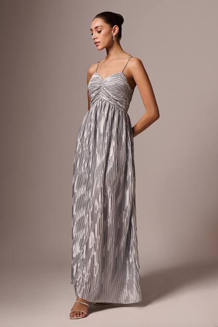 Emblaze_Silver Satin Sweetheart Neck Pleated Dress _Online_at_Aza_Fashions