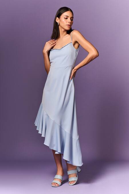 Emblaze Blue Crepe Embroidery Square Neck Stone Neckline Embellished Dress Online at Aza Fashions Emblaze_Blue Crepe Embroidery Square Neck Stone Neckline Embellished Dress _Online_at_Aza_Fashions