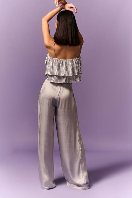 Shop_Emblaze_Silver Satin, Modal Sweetheart Neck Layered Pleated Top And Pant Set _at_Aza_Fashions