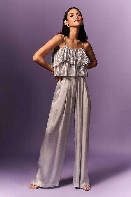 Emblaze_Silver Satin, Modal Sweetheart Neck Layered Pleated Top And Pant Set _Online_at_Aza_Fashions