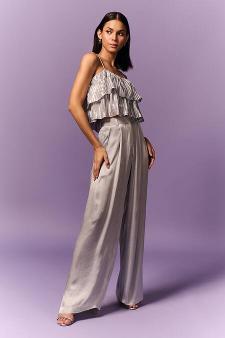 Buy_Emblaze_Silver Satin, Modal Sweetheart Neck Layered Pleated Top And Pant Set _Online_at_Aza_Fashions