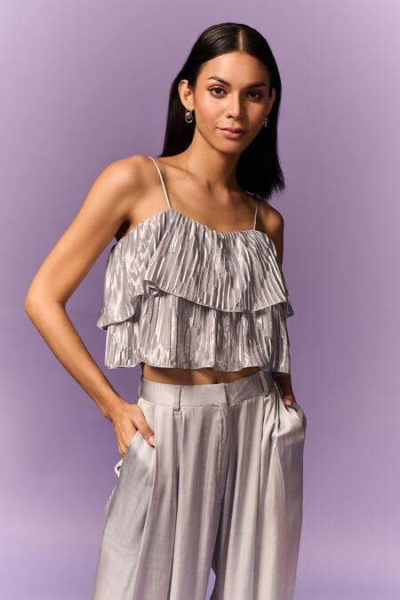 Shop_Emblaze_Silver Satin, Modal Sweetheart Neck Layered Pleated Top And Pant Set _Online_at_Aza_Fashions