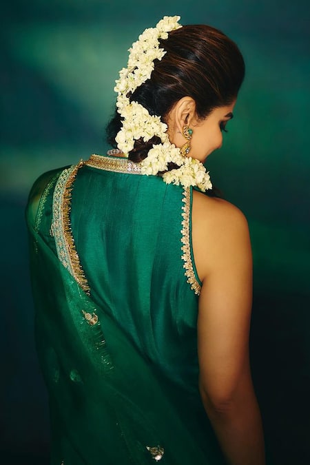 Shop_Gopi Vaid_Green Tussar, Cotton, Organza Shamita Embellished Kurta Dhoti Pant Set _at_Aza_Fashions