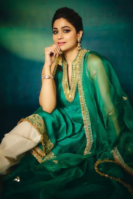 Gopi Vaid_Green Tussar, Cotton, Organza Shamita Embellished Kurta Dhoti Pant Set _Online_at_Aza_Fashions