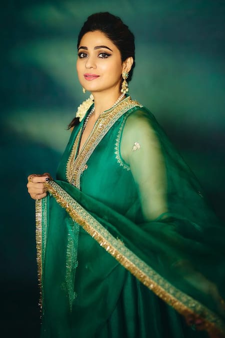 Buy_Gopi Vaid_Green Tussar, Cotton, Organza Shamita Embellished Kurta Dhoti Pant Set _Online_at_Aza_Fashions