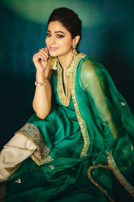 Shop_Gopi Vaid_Green Tussar, Cotton, Organza Shamita Embellished Kurta Dhoti Pant Set _Online_at_Aza_Fashions