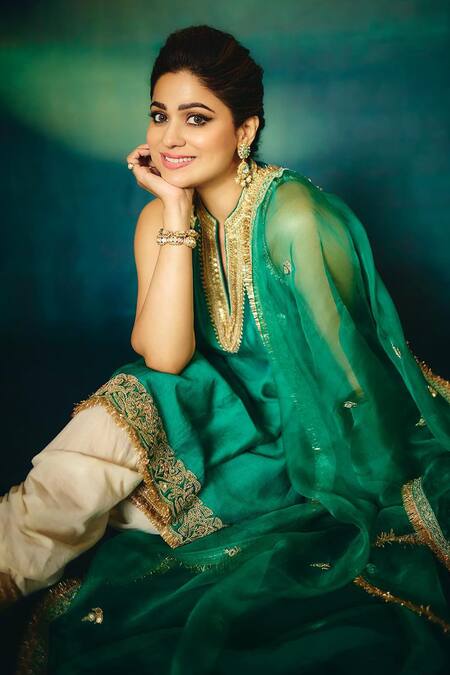 Gopi Vaid_Green Tussar, Cotton, Organza Shamita Embellished Kurta Dhoti Pant Set _at_Aza_Fashions