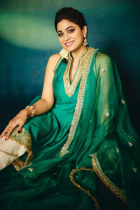 Buy_Gopi Vaid_Green Tussar, Cotton, Organza Shamita Embellished Kurta Dhoti Pant Set 