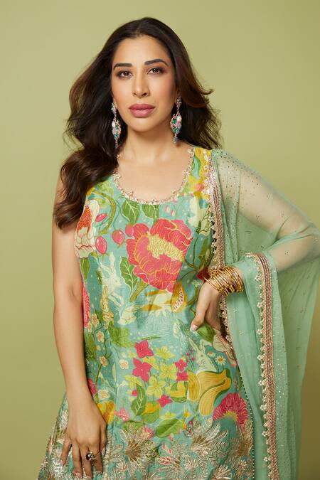 Buy_Gopi Vaid_Green Chiffon, Lurex Sequins, Sofina Floral Bloom Print Kurta Sharara Set _Online_at_Aza_Fashions