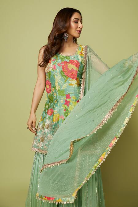 Shop_Gopi Vaid_Green Chiffon, Lurex Sequins, Sofina Floral Bloom Print Kurta Sharara Set _Online_at_Aza_Fashions