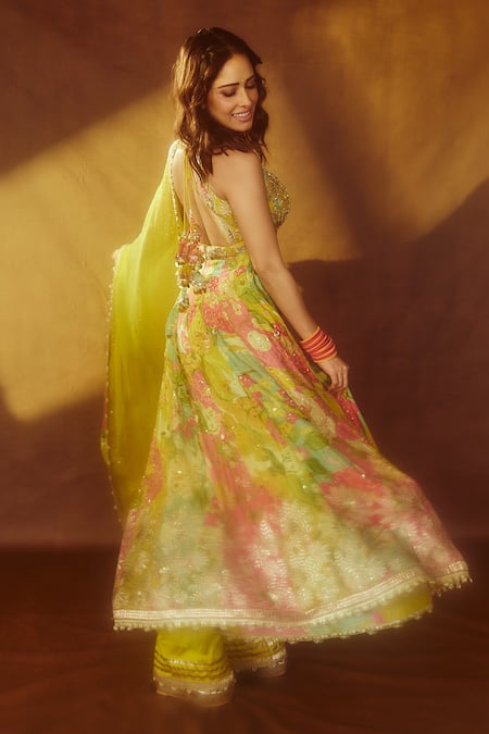 Shop Gopi Vaid Multi Color Tussar, Linen, Net, Nushrat Floral Bloom Print Anarkali Palazzo Set at Aza Fashions Shop_Gopi Vaid_Multi Color Tussar, Linen, Net, Nushrat Floral Bloom Print Anarkali Palazzo Set _at_Aza_Fashions