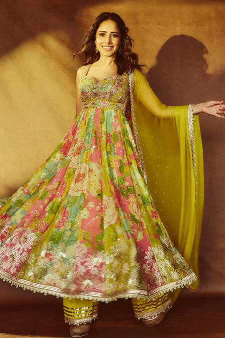 Gopi Vaid Multi Color Tussar, Linen, Net, Nushrat Floral Bloom Print Anarkali Palazzo Set Online at Aza Fashions Gopi Vaid_Multi Color Tussar, Linen, Net, Nushrat Floral Bloom Print Anarkali Palazzo Set _Online_at_Aza_Fashions