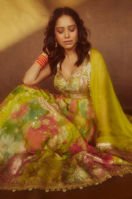 Buy Gopi Vaid Multi Color Tussar, Linen, Net, Nushrat Floral Bloom Print Anarkali Palazzo Set Online at Aza Fashions Buy_Gopi Vaid_Multi Color Tussar, Linen, Net, Nushrat Floral Bloom Print Anarkali Palazzo Set _Online_at_Aza_Fashions