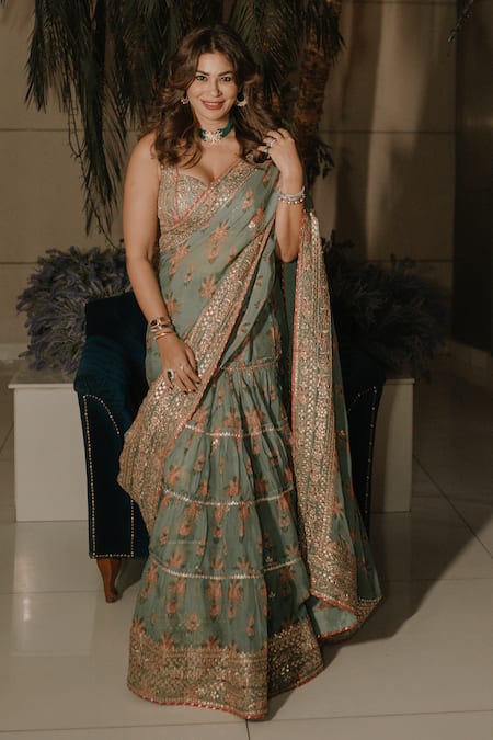 Gopi Vaid_Green Cotton, Silk, Organza Embroidery, Mahira Floral Print Saree With Blouse _Online_at_Aza_Fashions