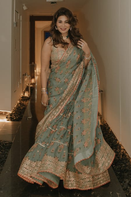 Buy_Gopi Vaid_Green Cotton, Silk, Organza Embroidery, Mahira Floral Print Saree With Blouse _Online_at_Aza_Fashions