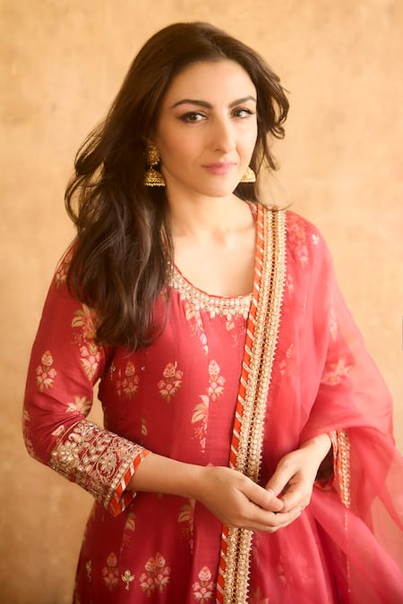 Gopi Vaid_Red Cotton, Silk, Lycra, Organza Gota Soha Floral Print Anarkali Churidar Set _Online_at_Aza_Fashions