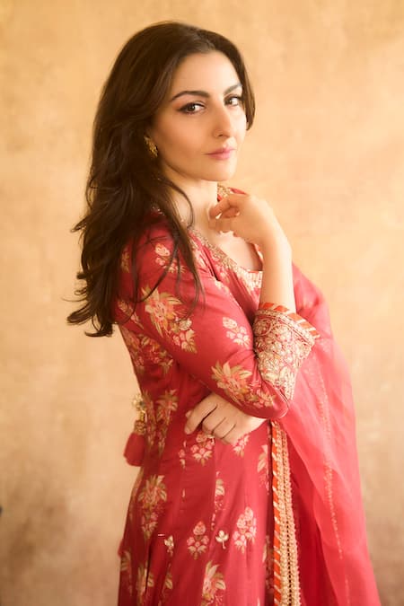 Buy_Gopi Vaid_Red Cotton, Silk, Lycra, Organza Gota Soha Floral Print Anarkali Churidar Set _Online_at_Aza_Fashions