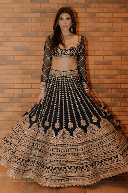 Gopi Vaid_Blue Tussar Embroidery, Gota Patti Square Elnaaz Linear Blouse With Lehenga _Online_at_Aza_Fashions