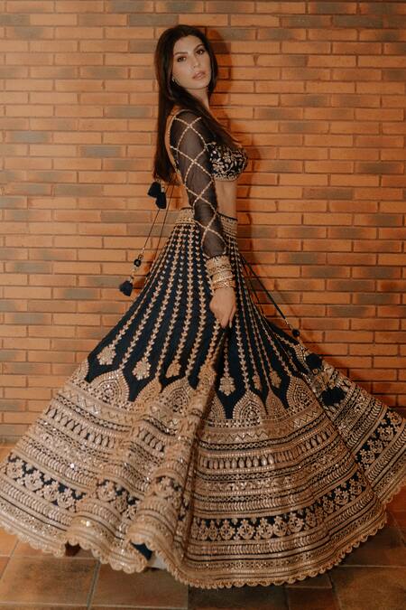 Buy_Gopi Vaid_Blue Tussar Embroidery, Gota Patti Square Elnaaz Linear Blouse With Lehenga _Online_at_Aza_Fashions