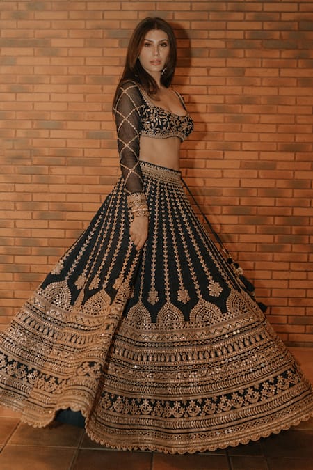 Gopi Vaid_Blue Tussar Embroidery, Gota Patti Square Elnaaz Linear Blouse With Lehenga _at_Aza_Fashions