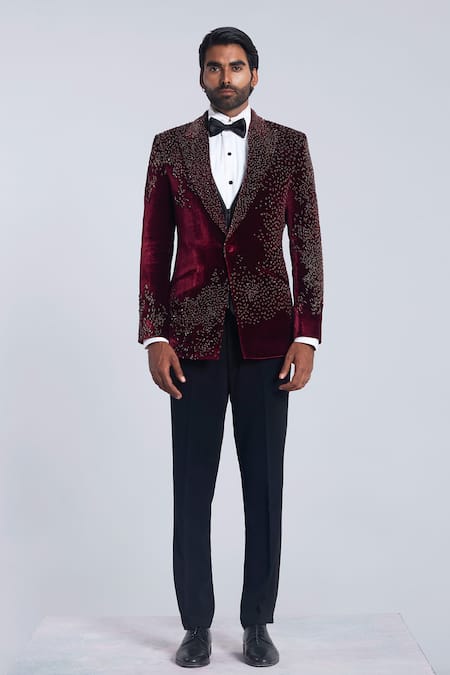 Sarab Khanijou Wine Velvet Embroidered Beads Tuxedo Set 