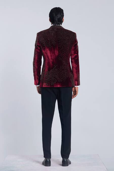 Sarab Khanijou Wine Beaded Embroidered Tuxedo Set 