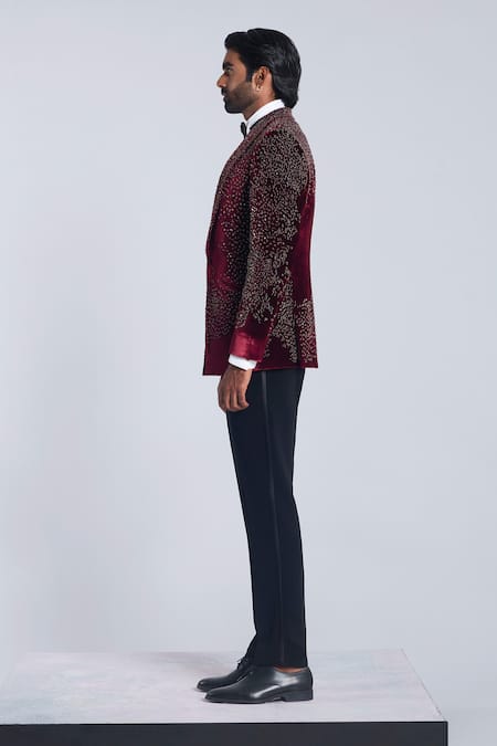 Sarab Khanijou Wine Velvet Embroidered Beads Tuxedo Set Online at Aza Fashions Sarab Khanijou_Wine Velvet Embroidered Beads Tuxedo Set _Online_at_Aza_Fashions
