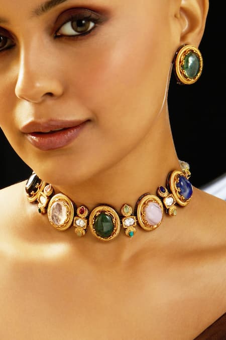 Shop Joules By Radhika Multi Color Stones Chic Choker Set at Aza Fashions Shop_Joules By Radhika_Multi Color Stones Chic Choker Set _at_Aza_Fashions