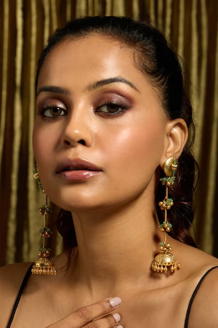 Joules By Radhika Gold Plated Gota Patti, Stones Emerald Cascade Long Ghungroo Earrings 