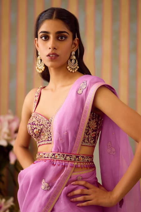 Shyam Narayan Prasad_Purple Organza, Brocade Zari Sweetheart Neck Zardozi Work Saree With Blouse _at_Aza_Fashions