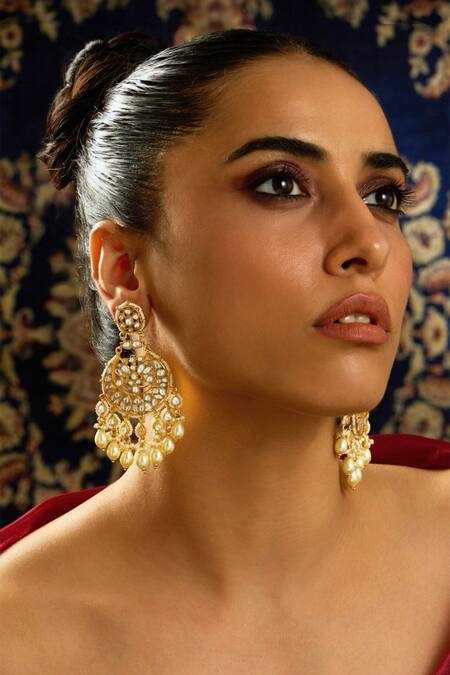 Joules by Radhika_Gold Plated Pearls, Diamonds Lunar Glow Polki Kundan Stone Studded Chaandbalis _Online_at_Aza_Fashions