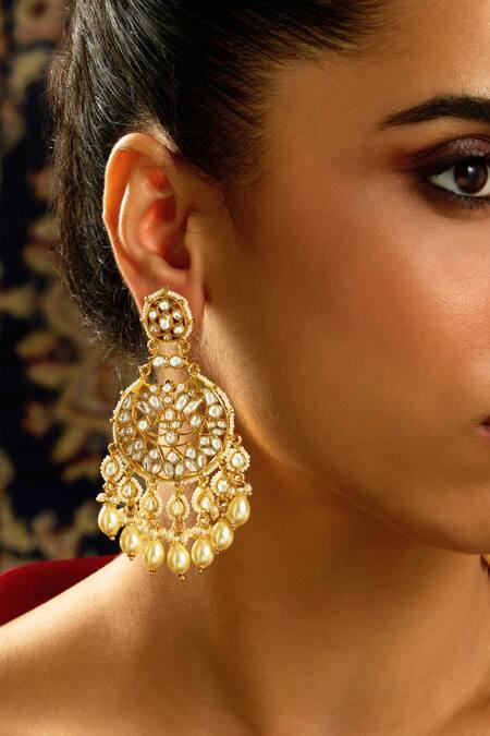 Buy_Joules by Radhika_Gold Plated Pearls, Diamonds Lunar Glow Polki Kundan Stone Studded Chaandbalis _Online_at_Aza_Fashions