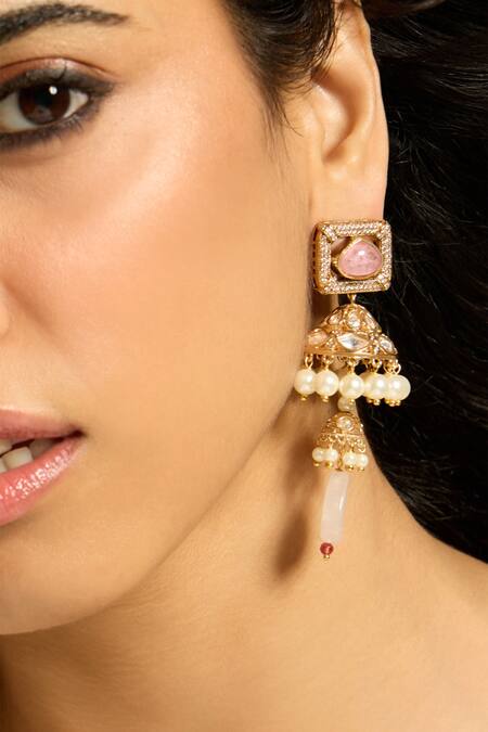 Shop Joules By Radhika Pink Pearls, Stones Petite Jhumka Earrings at Aza Fashions Shop_Joules By Radhika_Pink Pearls, Stones Petite Jhumka Earrings_at_Aza_Fashions