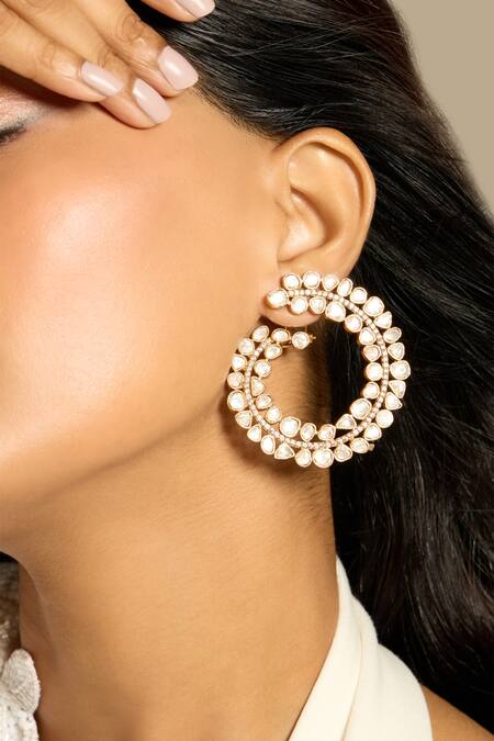 Shop Joules By Radhika White Diamonds, Stones Spiral Whirl Polki Stud Earrings at Aza Fashions Shop_Joules By Radhika_White Diamonds, Stones Spiral Whirl Polki Stud Earrings_at_Aza_Fashions