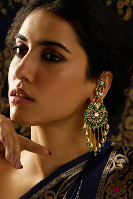 Joules by Radhika_Green Beads, Stones Rajwadi Glory Chaandbali Earrings _Online_at_Aza_Fashions