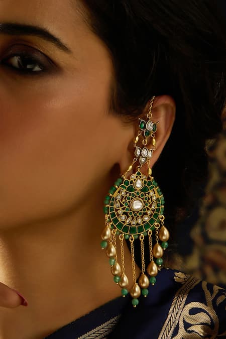 Buy_Joules by Radhika_Green Beads, Stones Rajwadi Glory Chaandbali Earrings _Online_at_Aza_Fashions